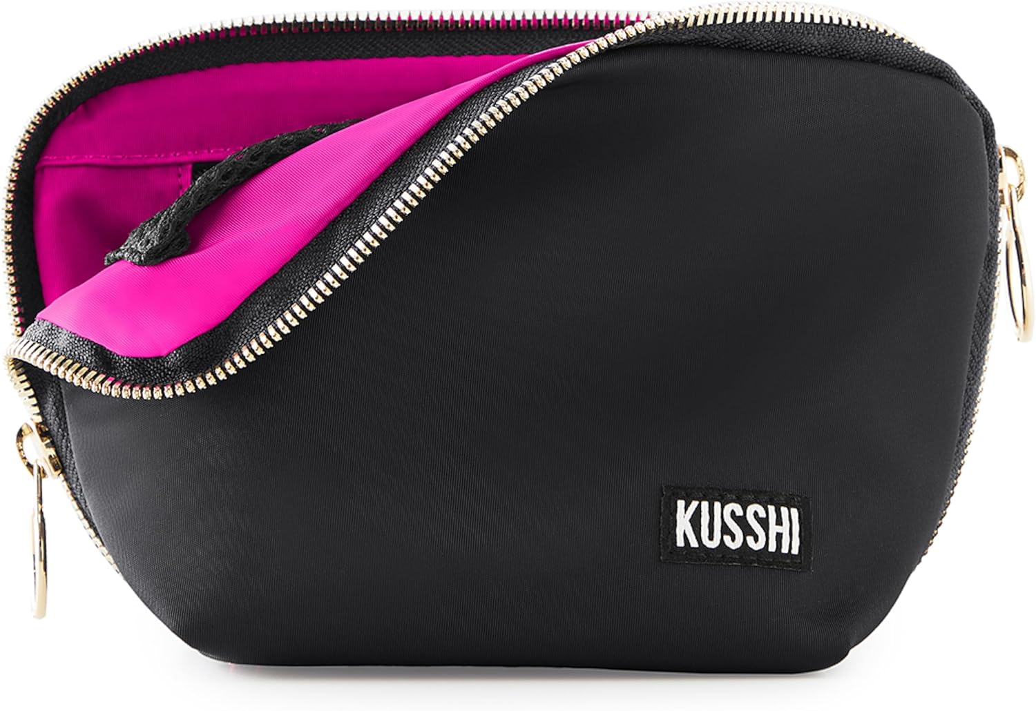 KUSSHI Washable Travel Makeup Bag for Purse in Satin Black/Pink