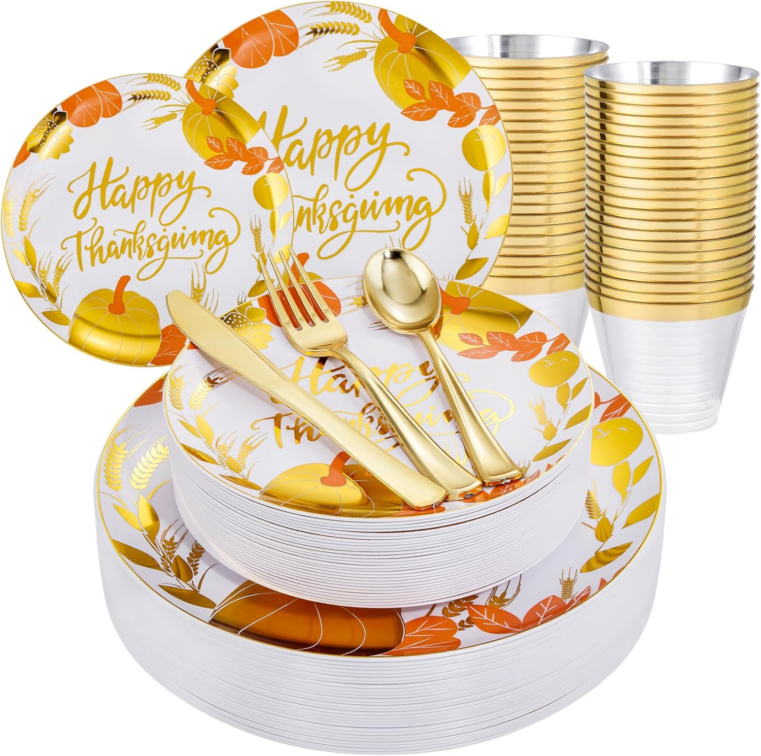 KIRE 150PCS Thanksgiving Plates Dinnerware with Gold Silverware