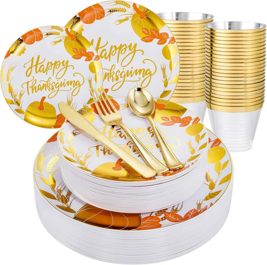 KIRE 150PCS Thanksgiving Plates Dinnerware with Gold Silverware