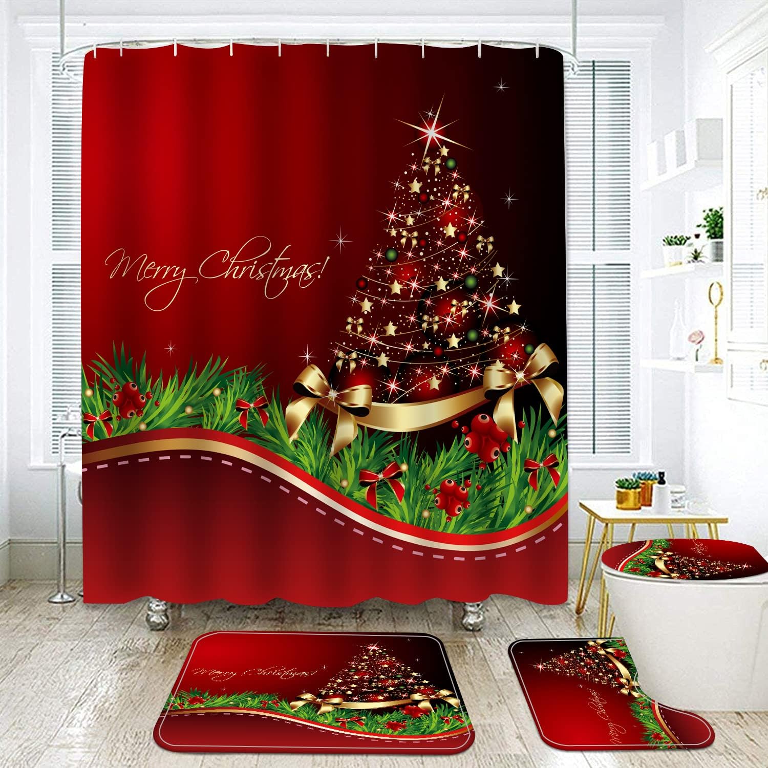 Christmas Tree Shower Set w/ Bath Mat - RLHHUG