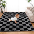 Super Soft Rug for Bedroom 6x9 ft Grey and Black - Fluffy Checkered