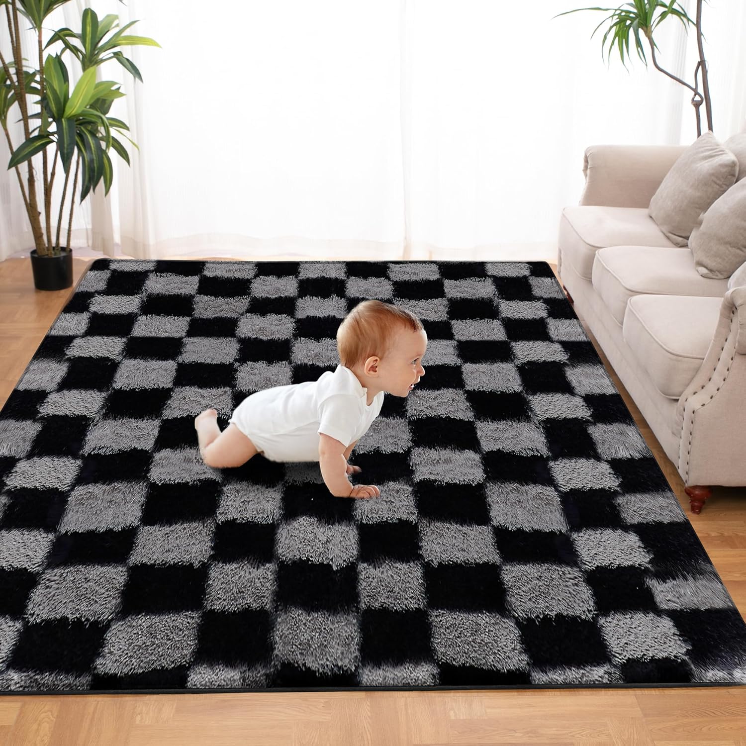 Super Soft Rug for Bedroom, 6x9 Ft Grey and Black Area Rug