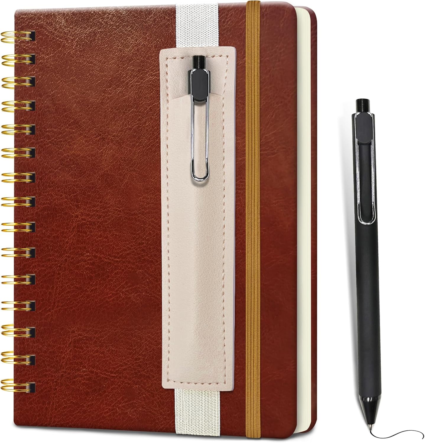 Travel-Ready Spiral Journal for Men - 160 Lined Pages - Pen Holder & Pen - A5 Leather Notebook - Brown
