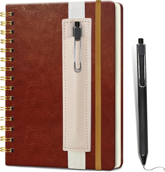 Travel-Ready Spiral Journal for Men - 160 Lined Pages - Pen Holder & Pen - A5 Leather Notebook - Brown