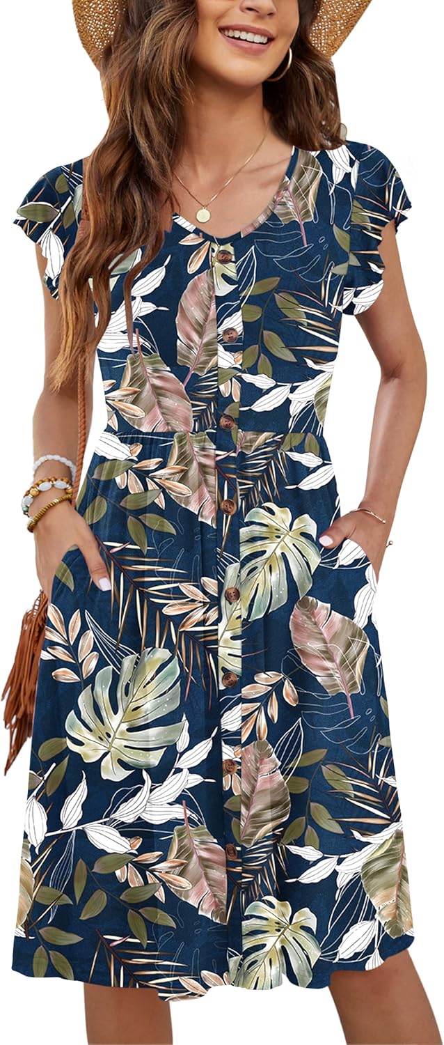 WNEEDU Women Summer Dresses Casual Loose Swing Midi Dress
