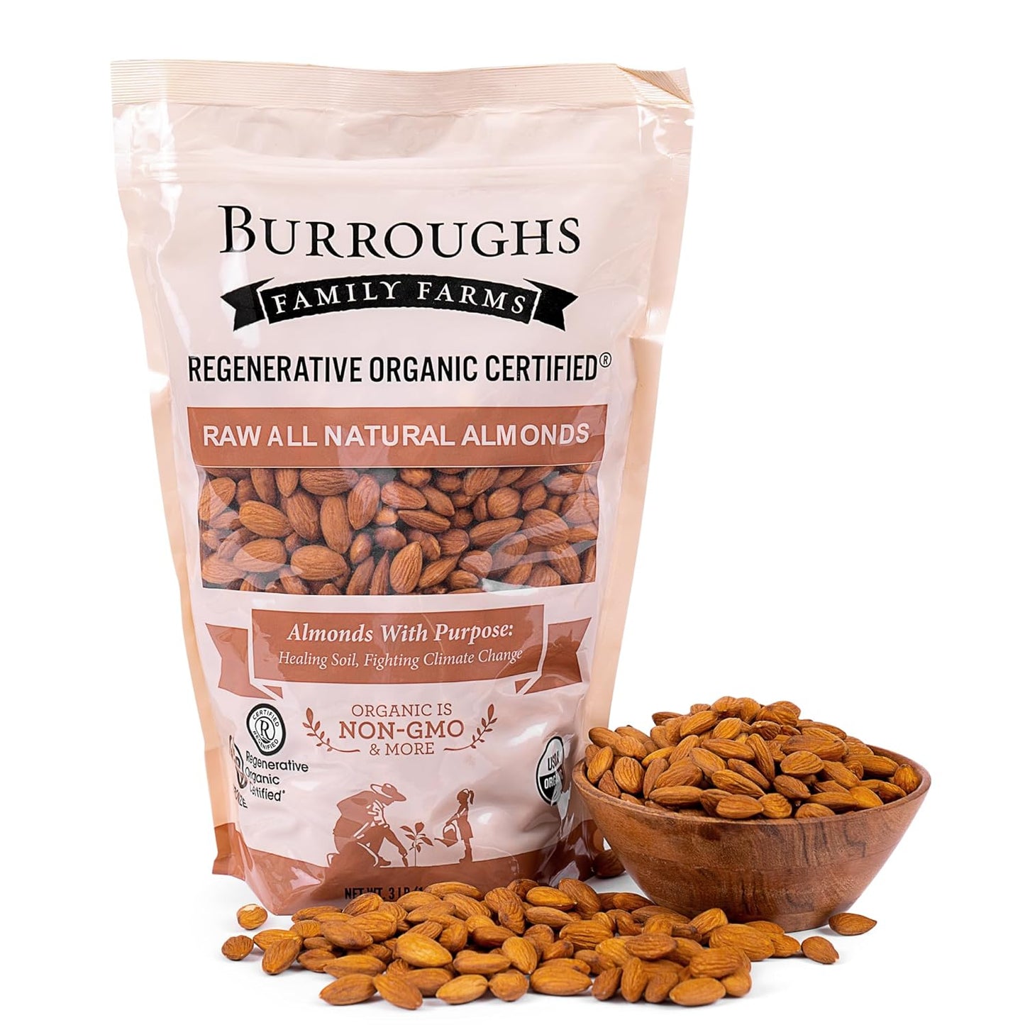 USDA Organic Raw Almonds from Burroughs Family Farms - 3 lb