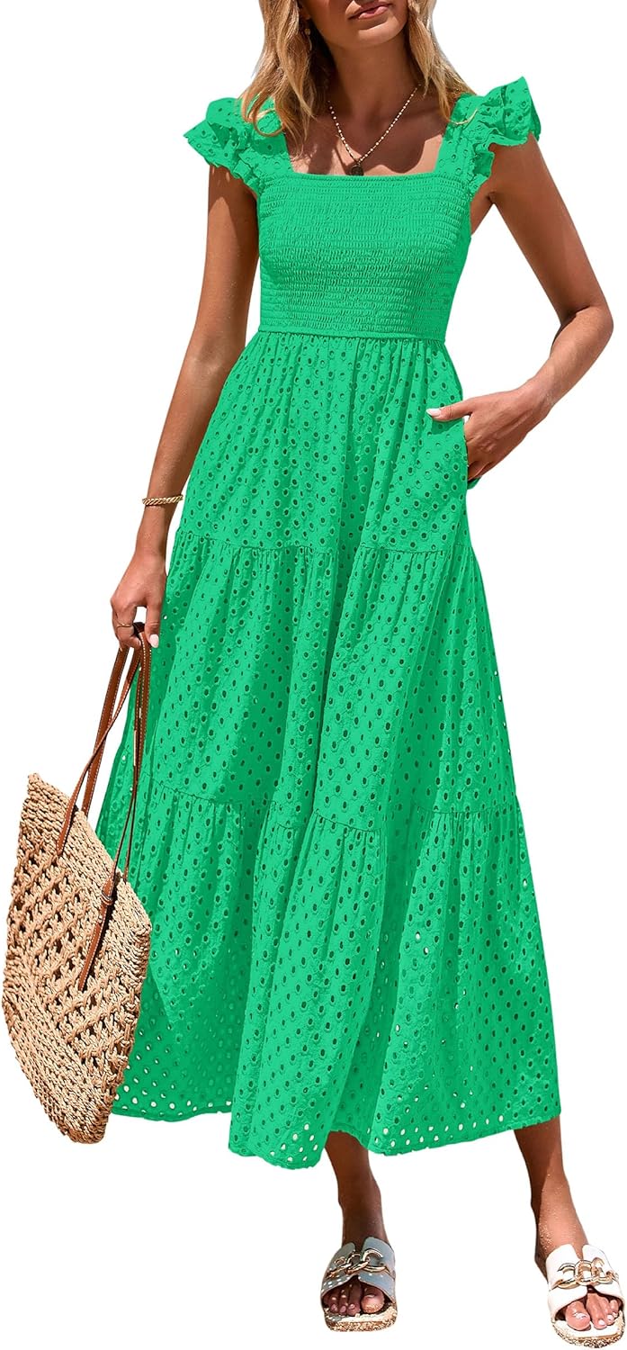 PRETTYGARDEN Womens Summer Square Neck Maxi Dress with Pockets