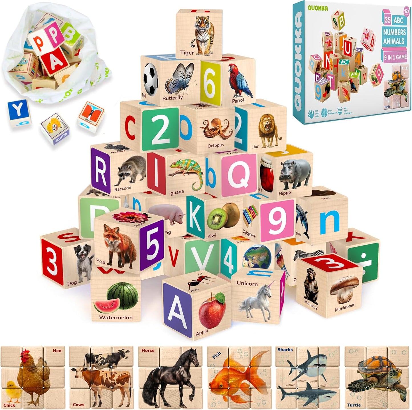 QUOKKA Montessori Wooden Blocks for Toddlers - 35 ABC Learning