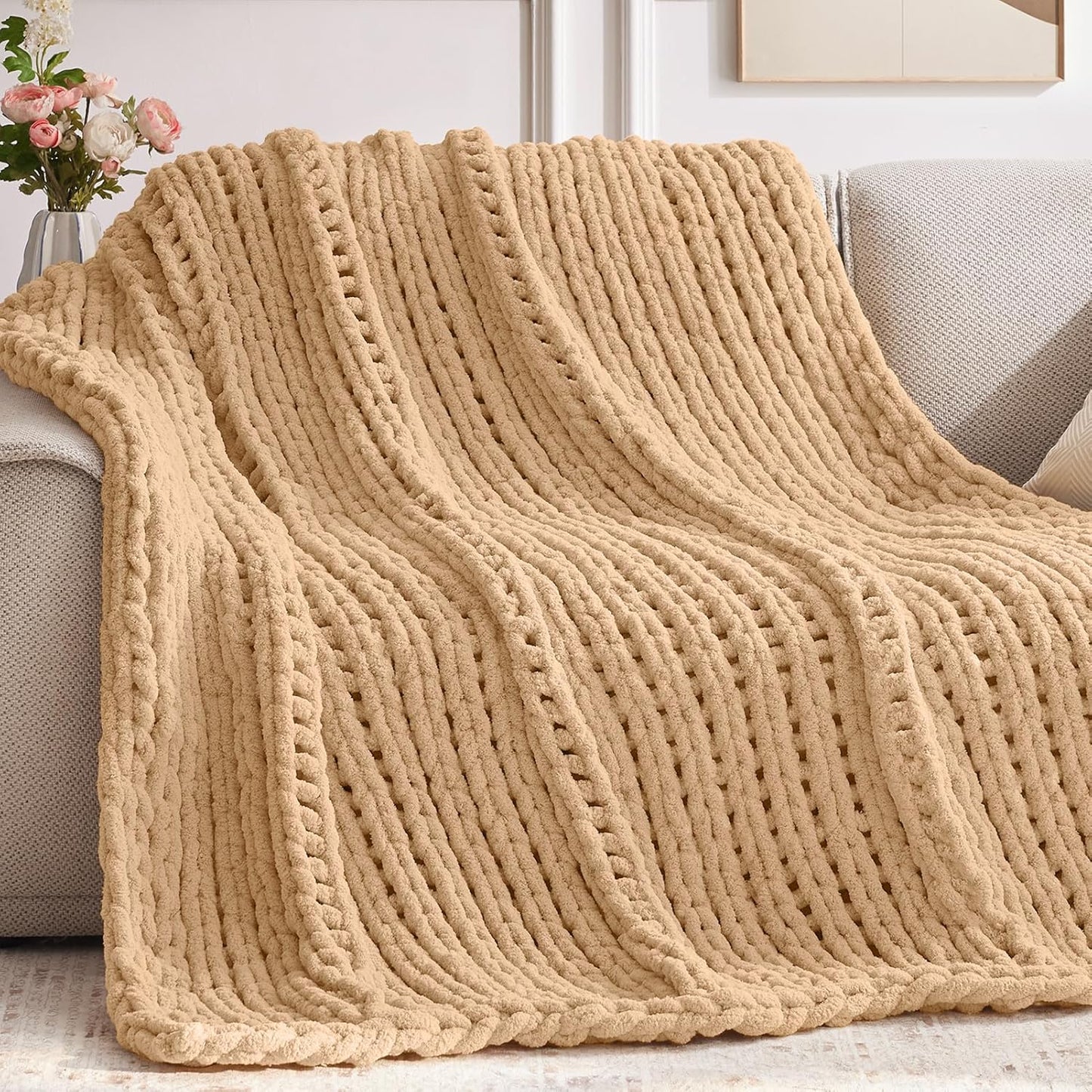 Chunky Knit Throw Blanket for Bed Couch - Handmade Chenille Yarn