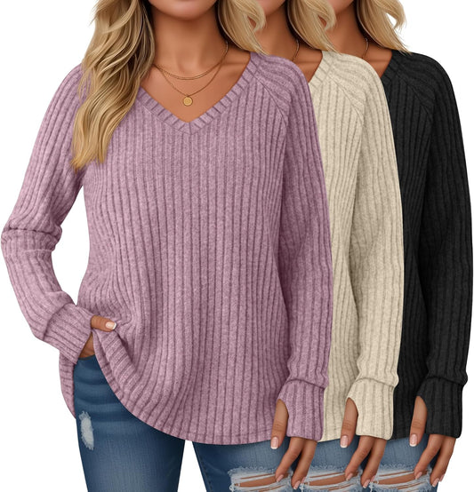 3 Pack Women's Plus Size Sweaters with Thumb Holes for Fall