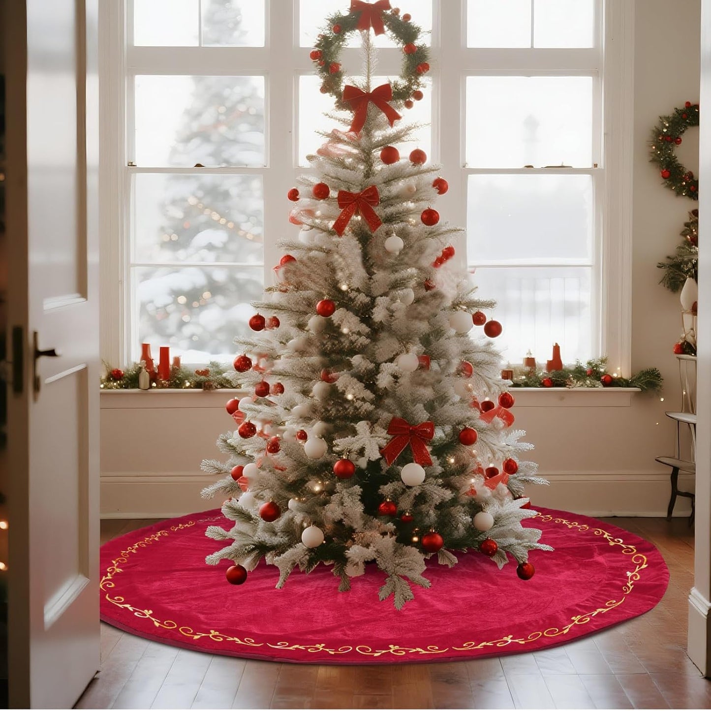 84 Inch Velvet Christmas Tree Skirt with Gold Embroidery Design