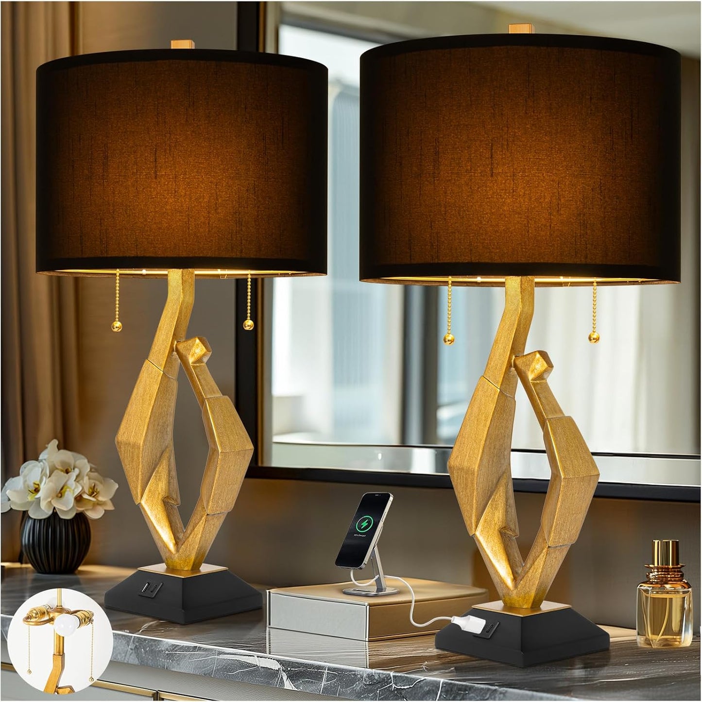 Sculptural Table Lamp Set of 2 with USB Ports for Living Room