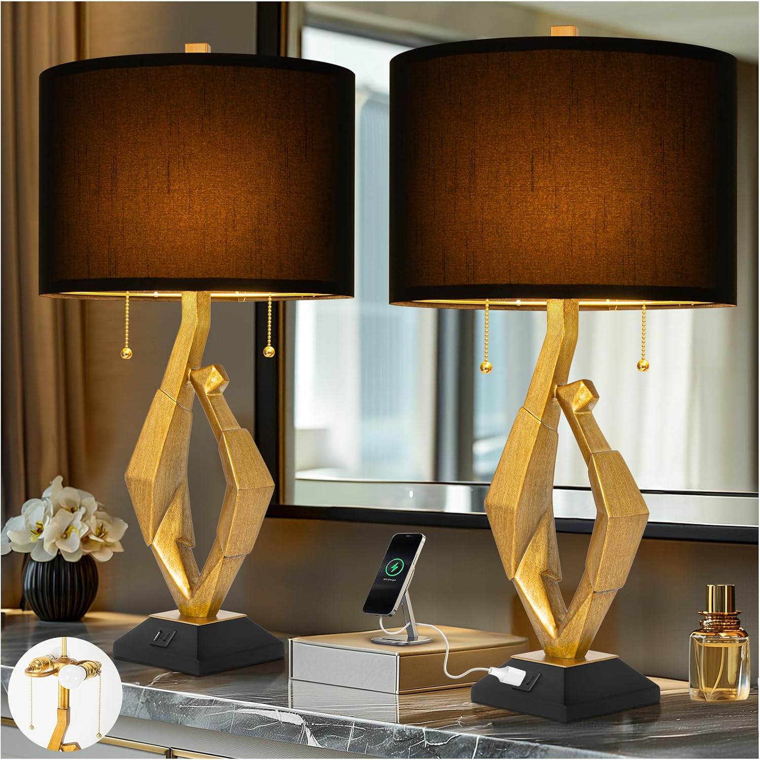 Sculptural Table Lamp Set of 2 with USB Ports for Living Room