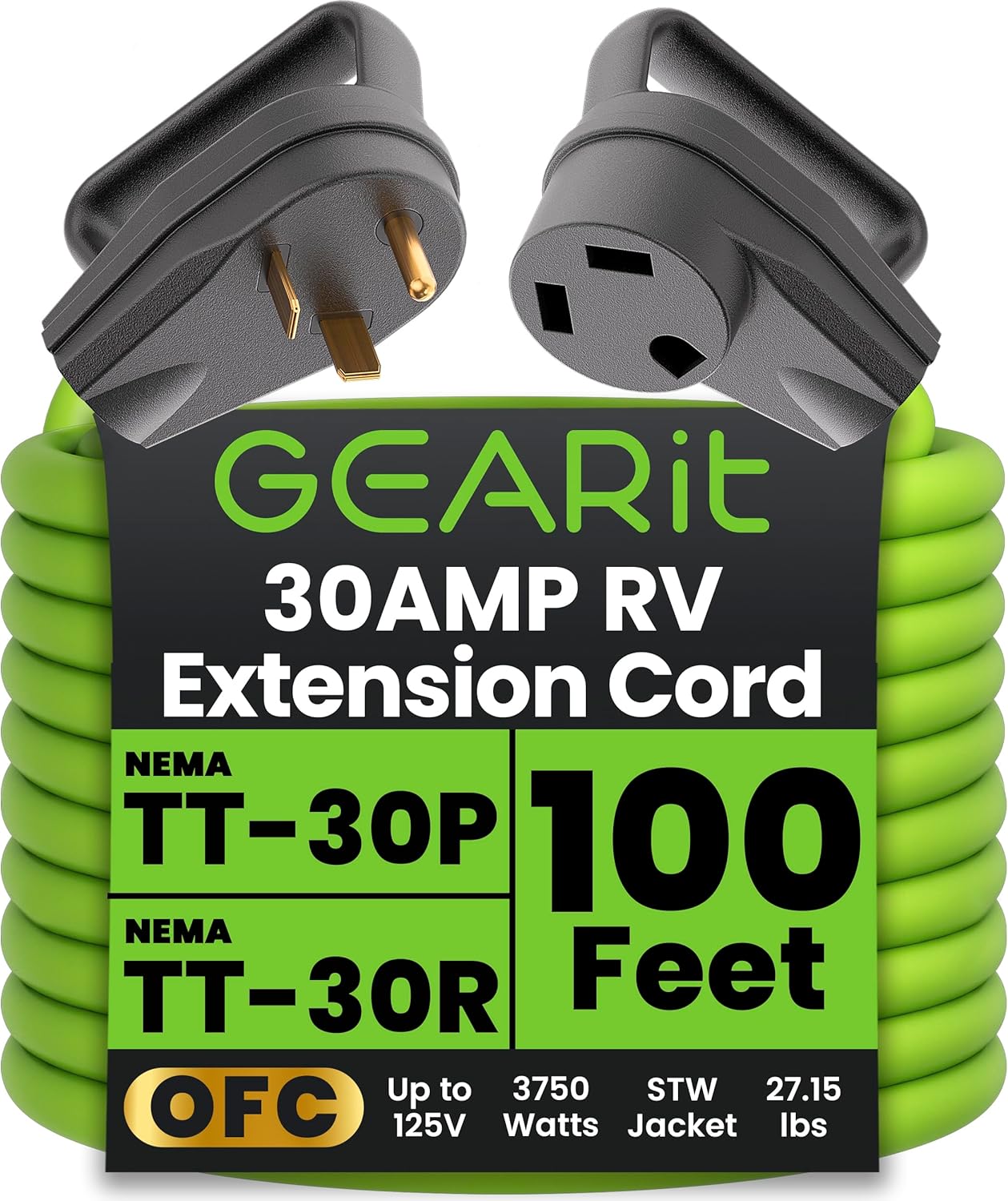 30 Amp Extension Cord for RV and Auto - 100 Feet Long