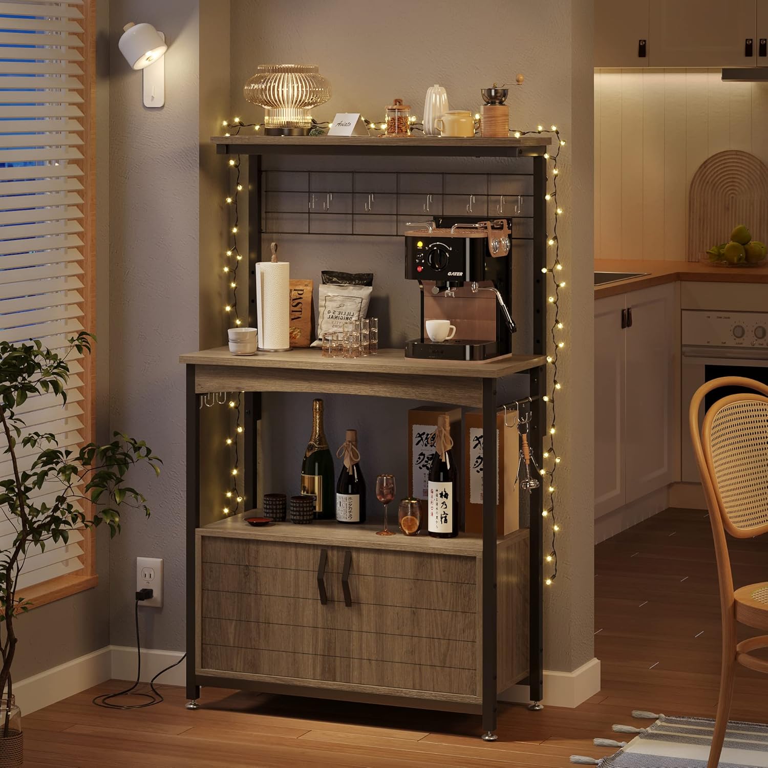 Height-Adjustable Microwave Stand with Storage, Industrial Kitchen Shelf