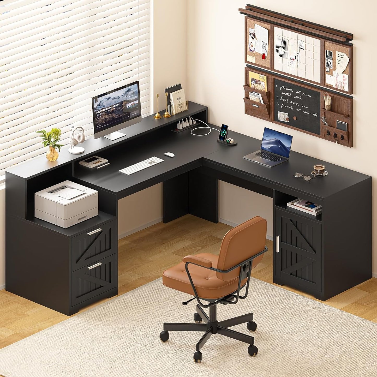 63in Farmhouse L Shaped Desk with Drawers & Storage Shelf