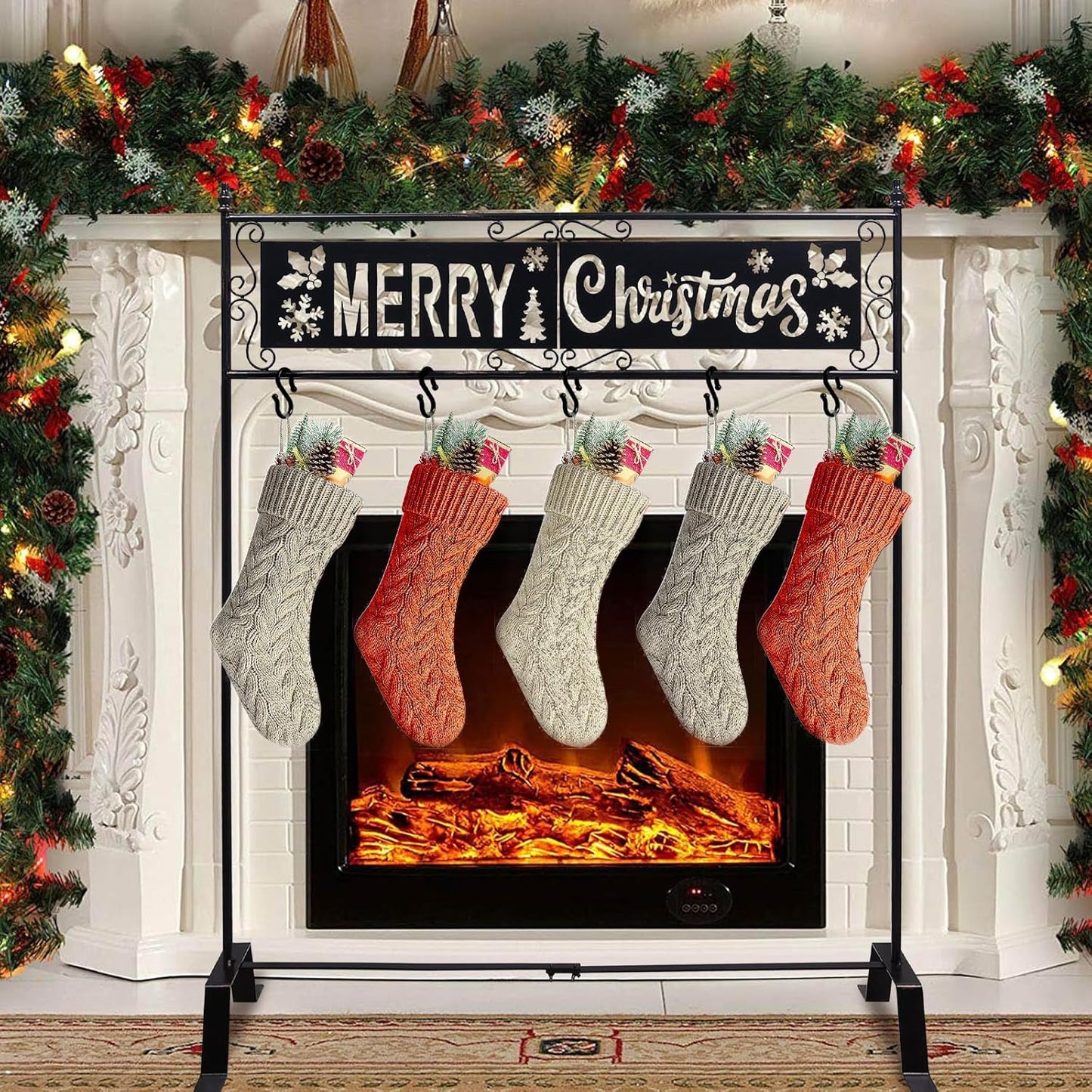 Merry Christmas Stocking Holder Stand with 5 Hooks for Decor