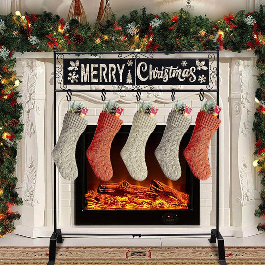 Merry Christmas Stocking Holder Stand with 5 Hooks for Decor