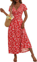HUHOT Women's Wrap V Neck Summer Dress - Floral Maxi with Pockets