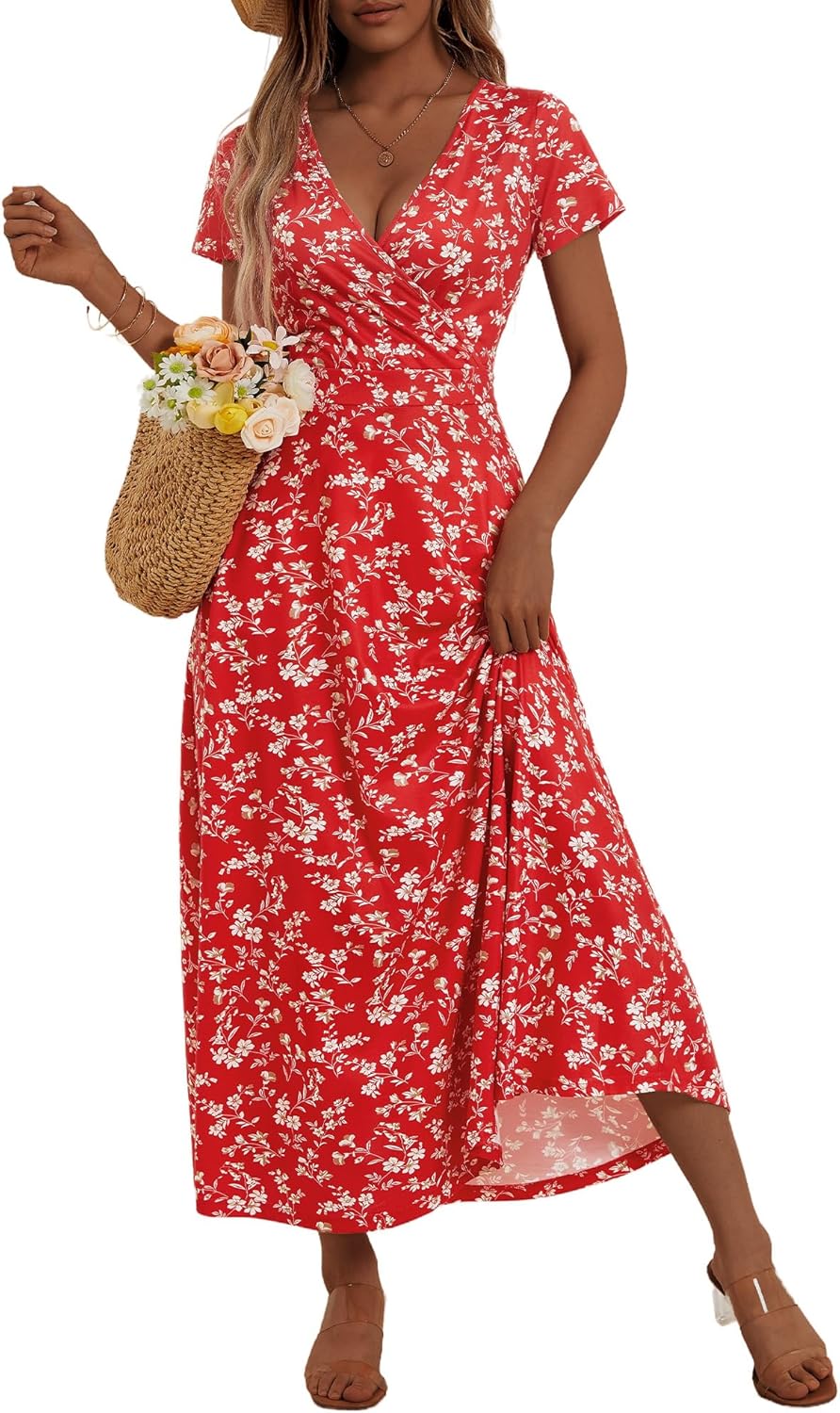 Stylish Women's Short Sleeve Wrap V Neck Dresses for Summer