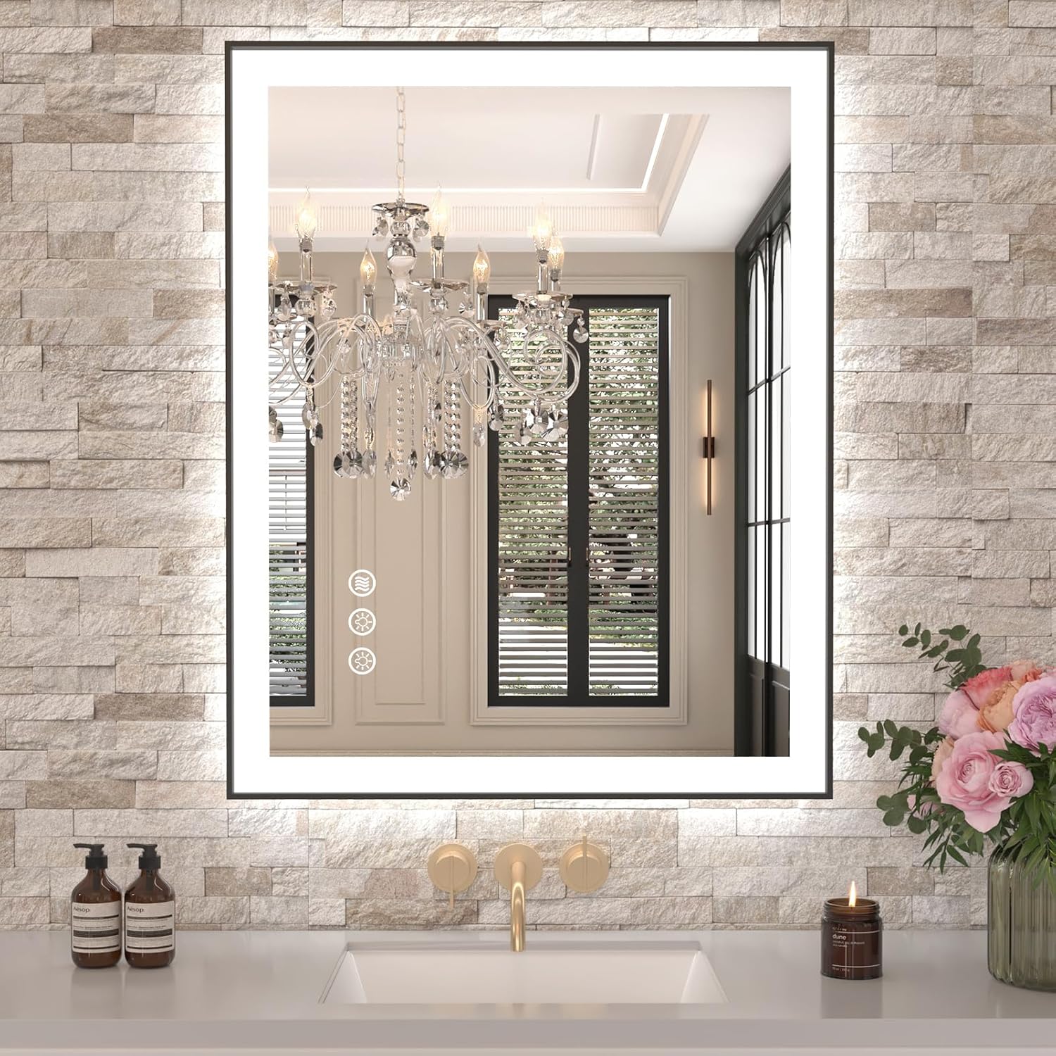 Amorho LED Bathroom Mirror with Black Frame and Anti-Fog Feature
