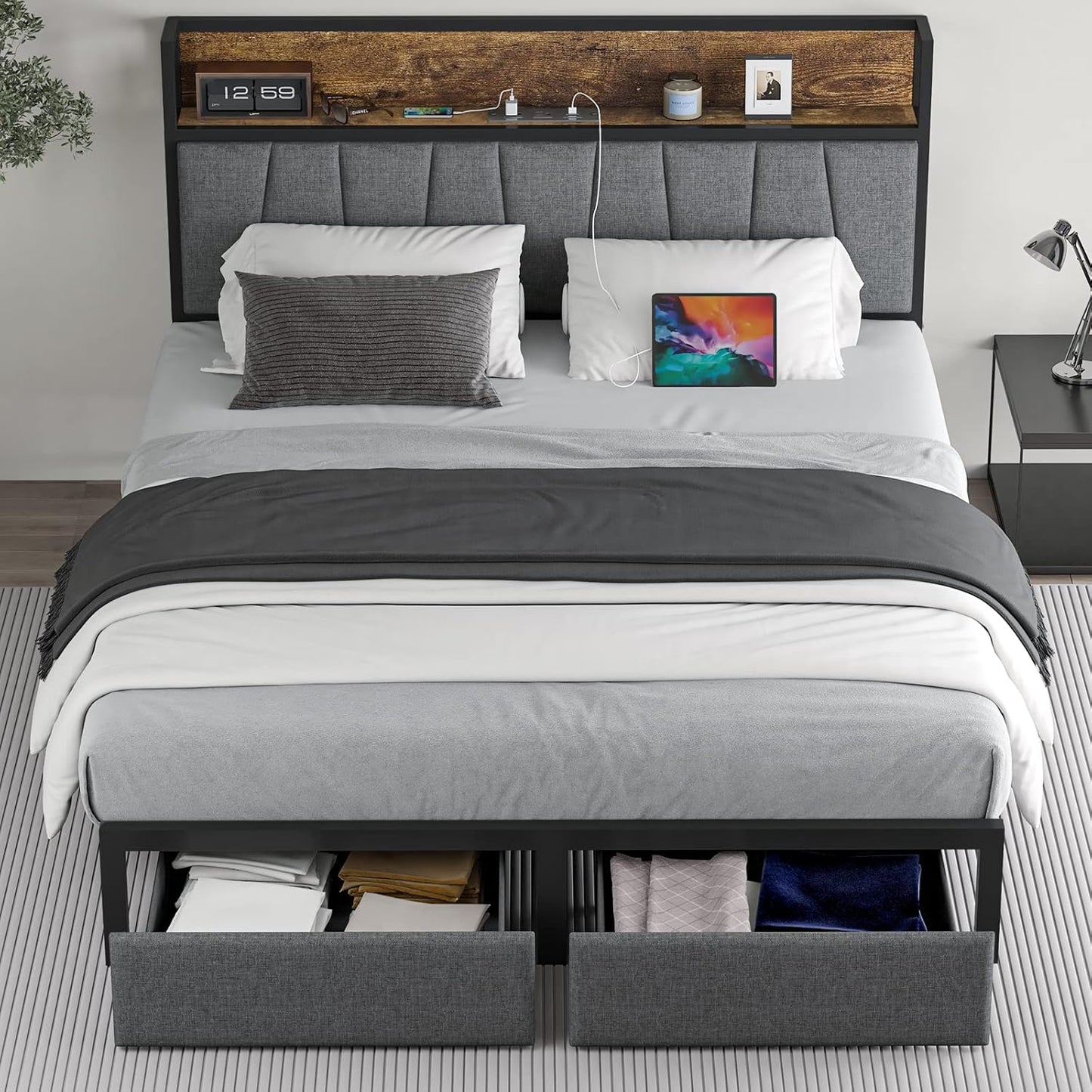 Full Size Bed Frame with Headboard and Storage for Comfort