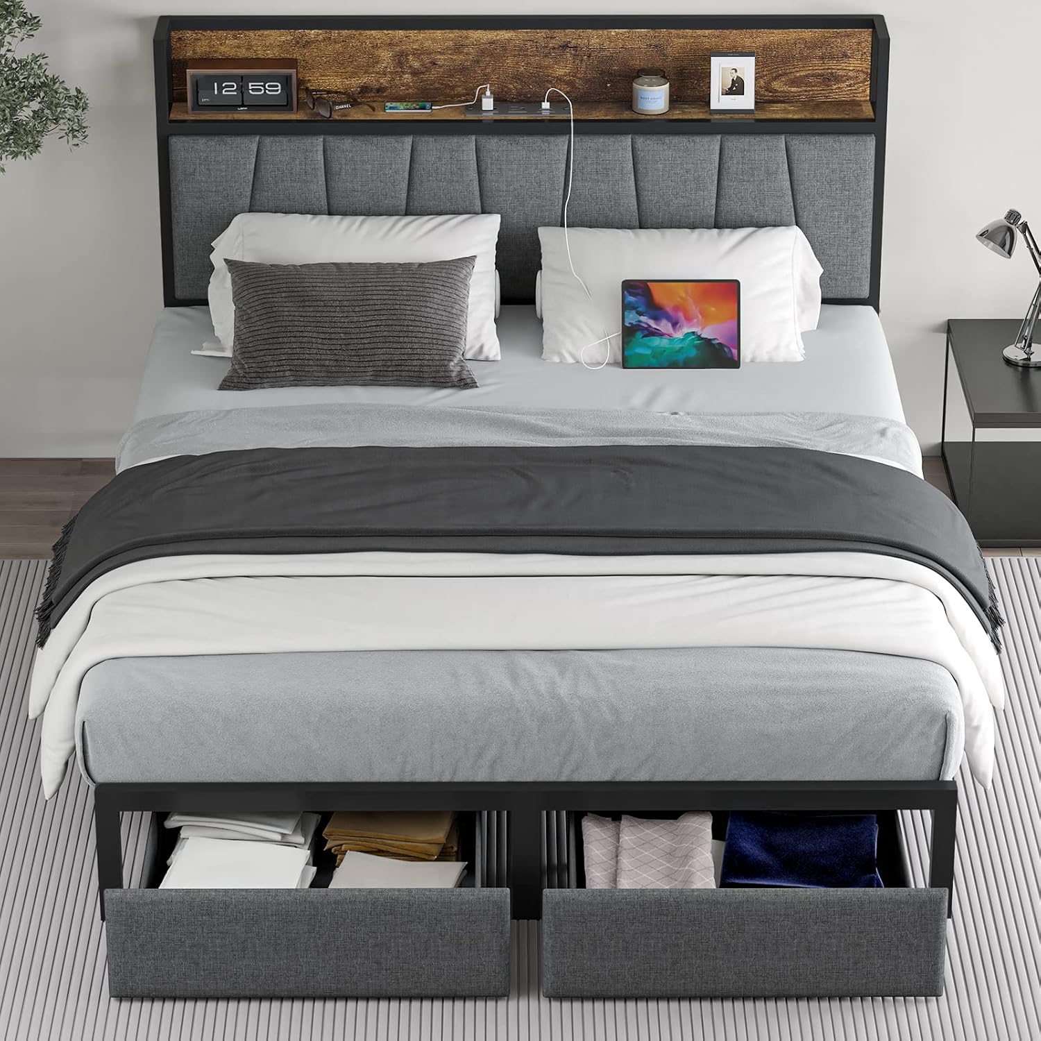 Full Size Bed Frame with Headboard and Storage for Comfort