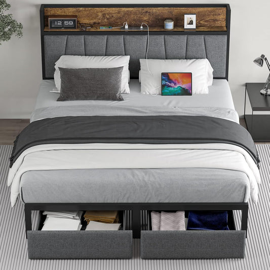 Full Size Bed Frame with Headboard and Storage for Comfort