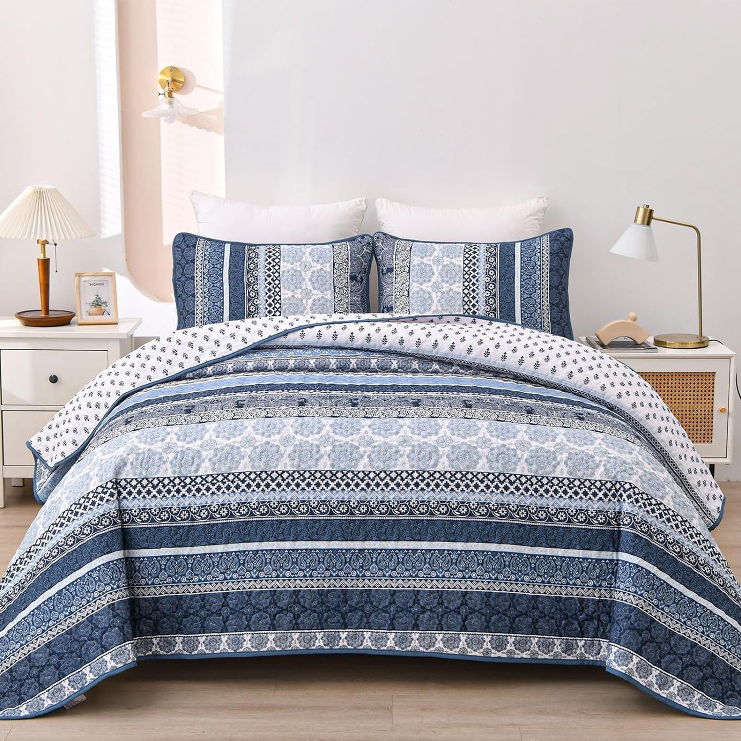 Navy Blue Boho Quilt Set Full Size for All Season Comfort