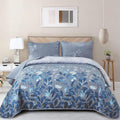 Blue Quilt Set Queen Size 3-Piece - Soft Microfiber Floral Coverlet