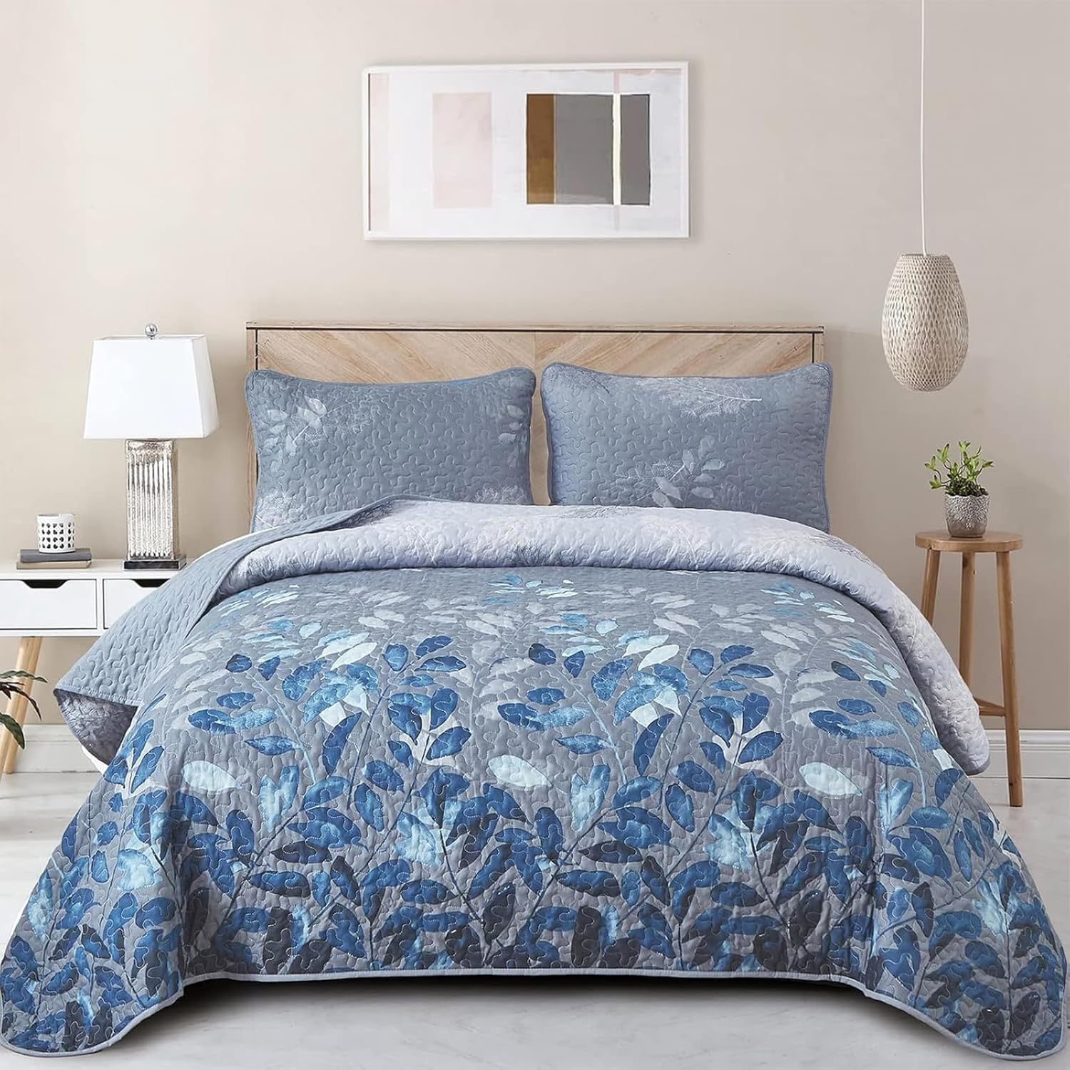 Blue Quilt Set Queen Size - Floral Bedspread Coverlet 3 Pieces