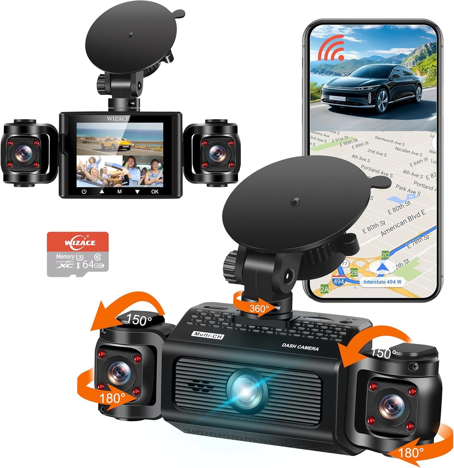3 Channel Dash Cam WiFi FHD 1080P Car Camera with 64GB Card