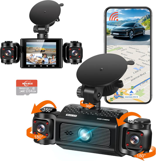 3 Channel Dash Cam WiFi FHD 1080P Car Camera with 64GB Card