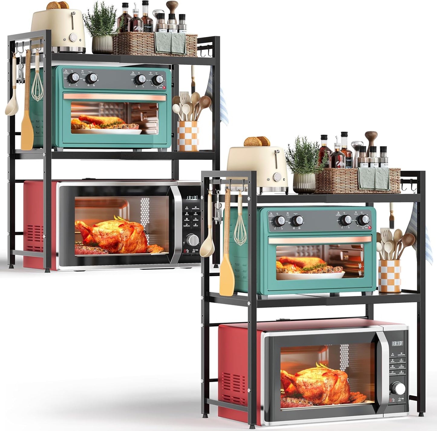 Expandable Microwave Stand with 3 Tiers and 8 Hooks for Kitchen