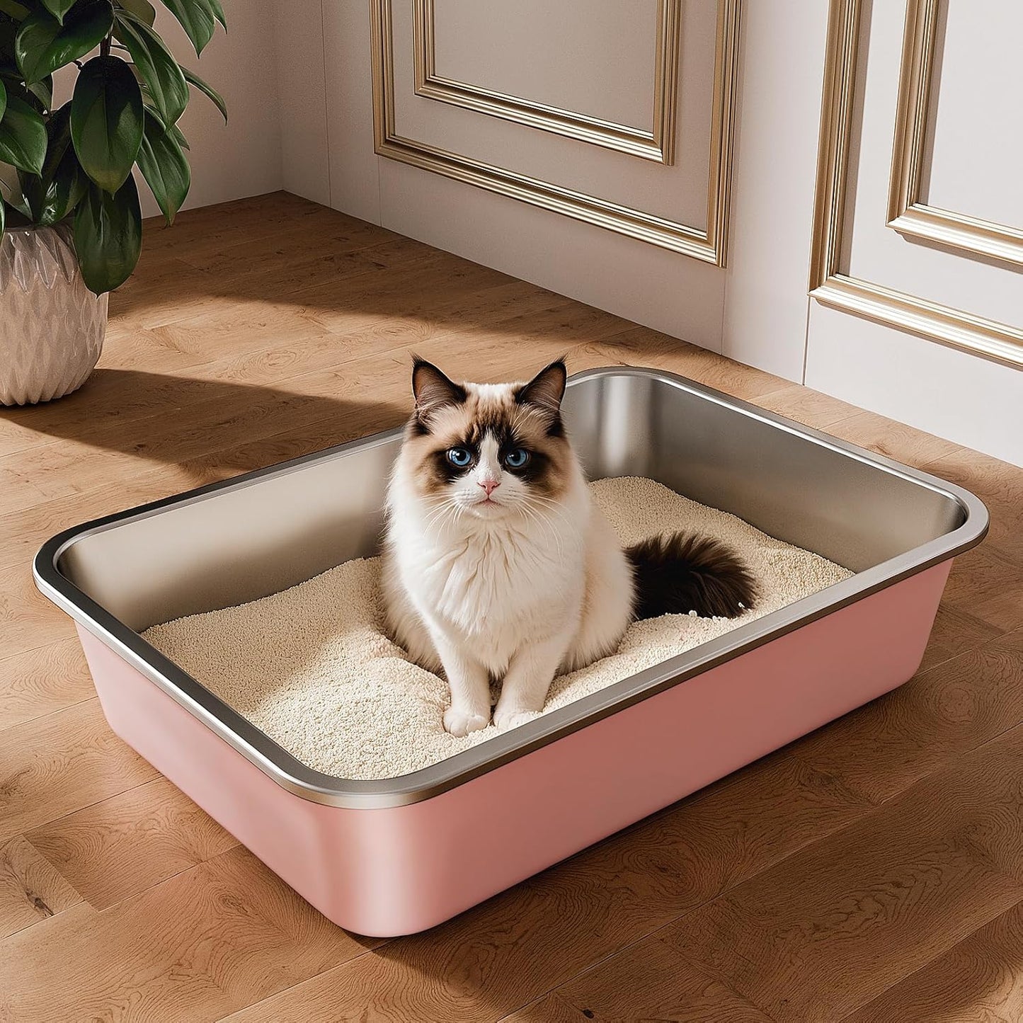 Spacious Stainless Steel Litter Box for Cats, Easy to Clean