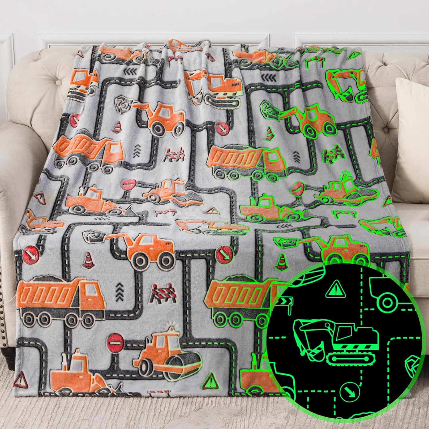 Glow-in-the-Dark Excavator Truck Plush Blanket - Perfect Gift for Boys 1-10 Yrs - Jekeno
