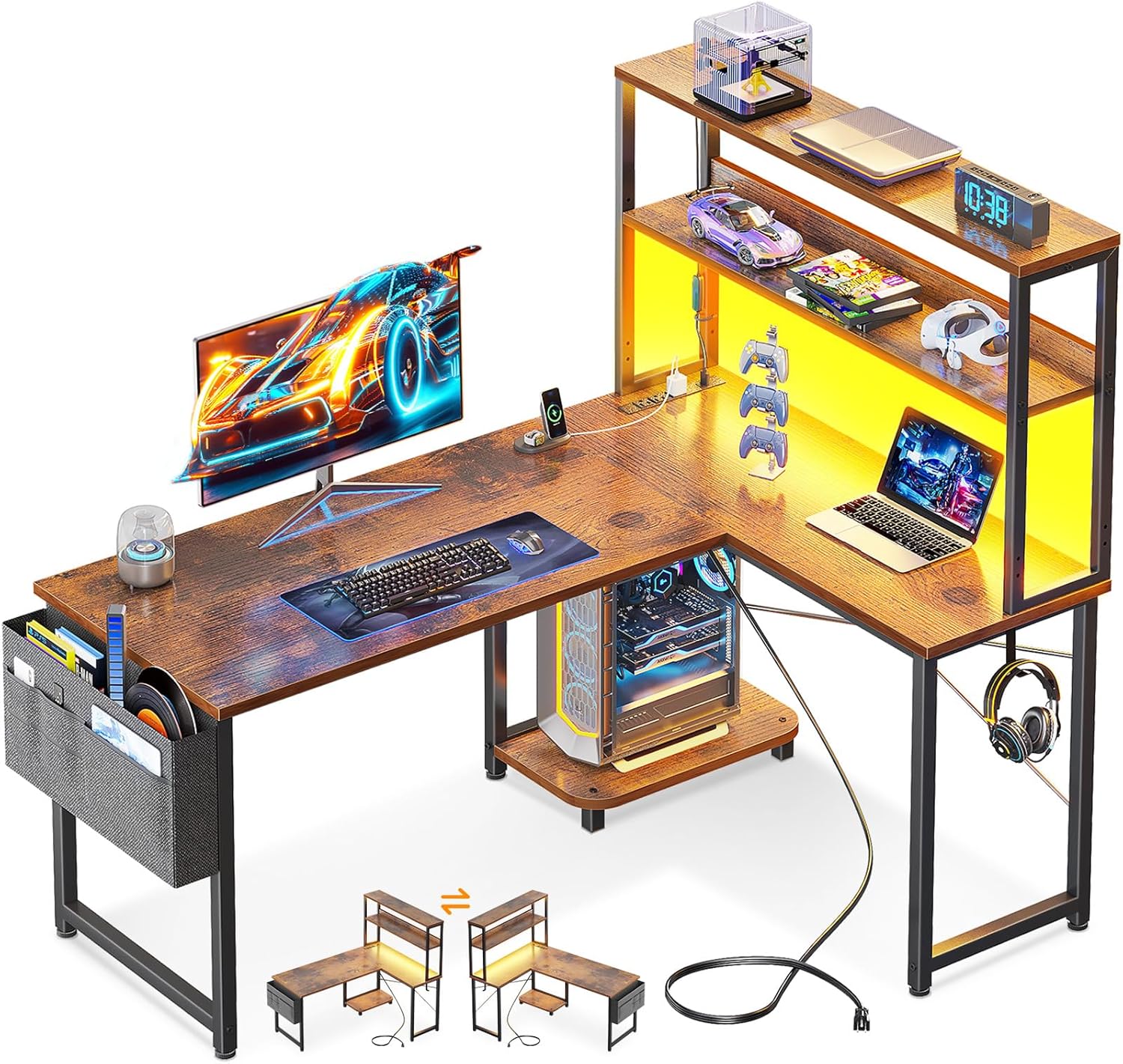 Casaottima Gaming Desk with Power Outlets & LED Lights, 43 in