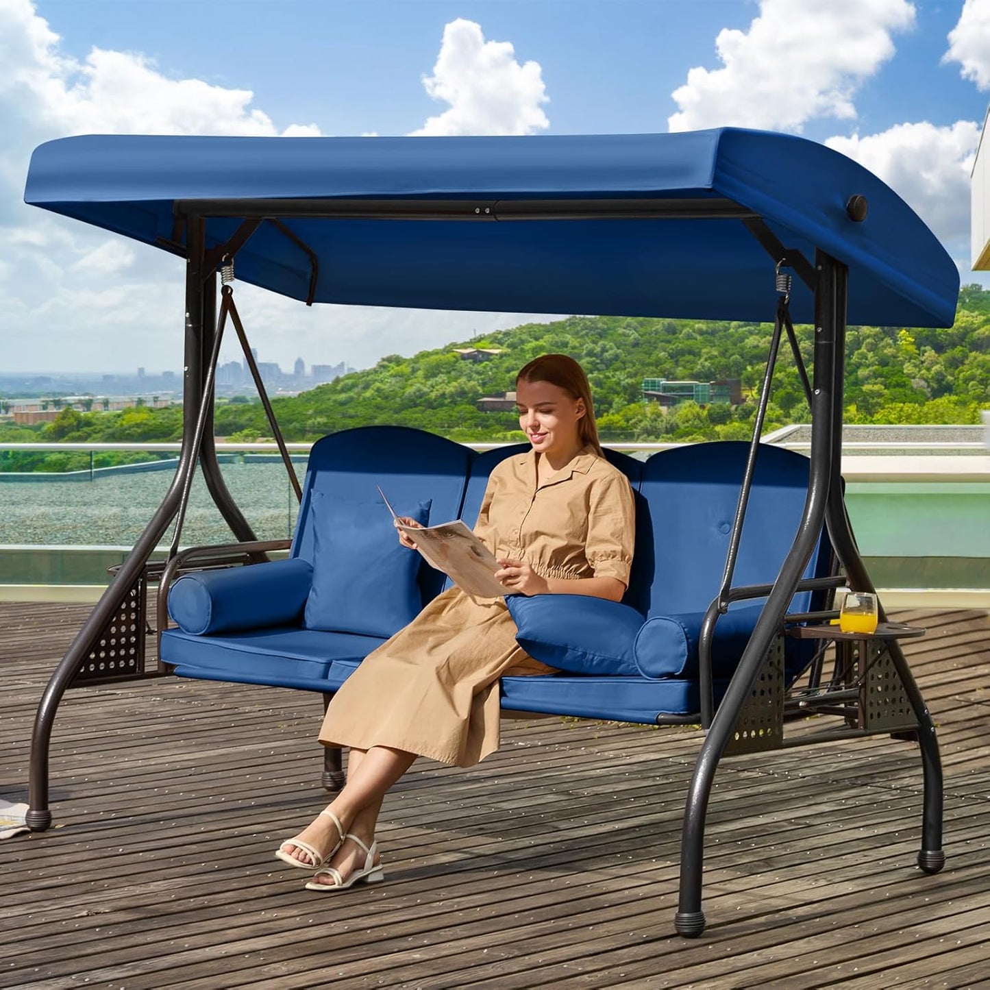 3 in 1 Outdoor Porch Swing with Adjustable Canopy for Comfort