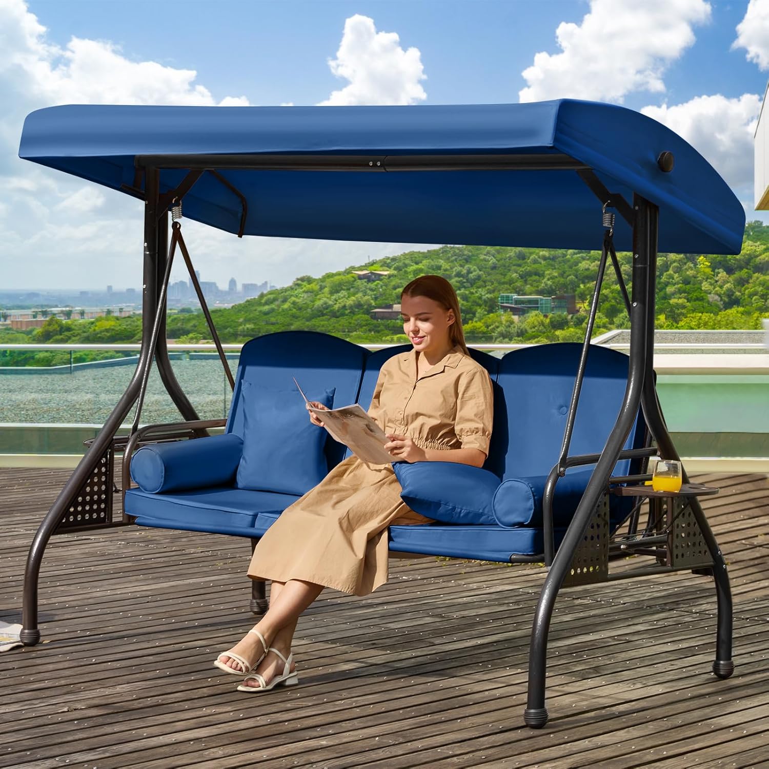 3 in 1 Outdoor Porch Swing with Adjustable Canopy for Comfort