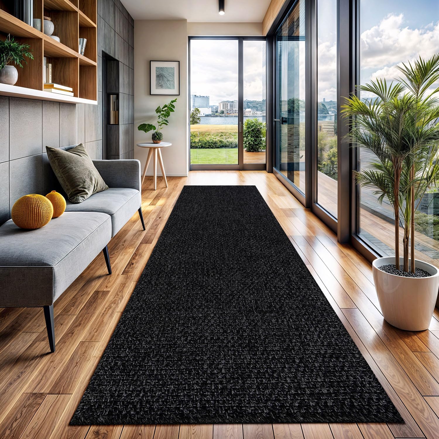 CAMILSON Indoor Outdoor Runner Rug Dark Gray Black Solid Design