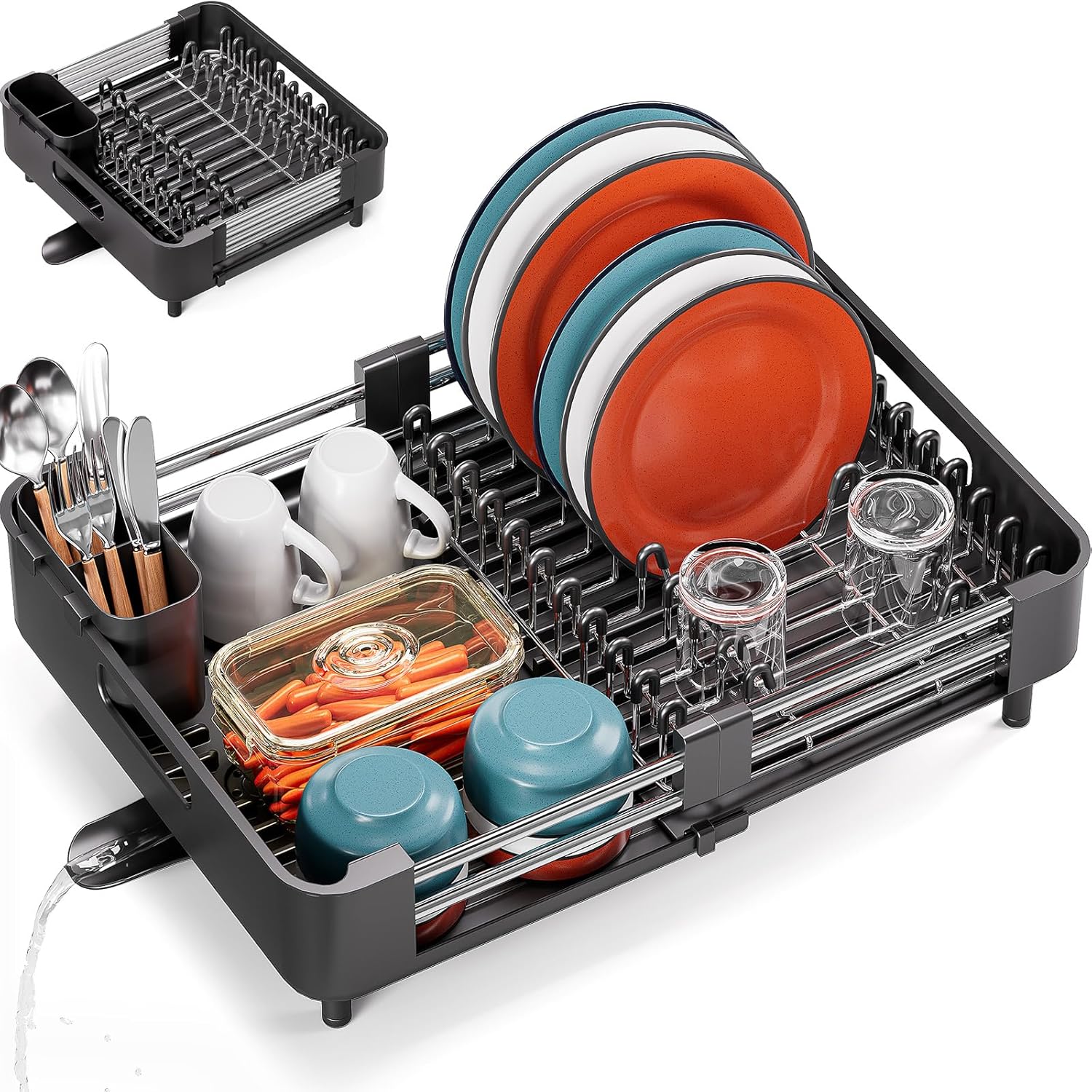 Extendable Dish Drying Rack with Drainboard for Kitchen Use