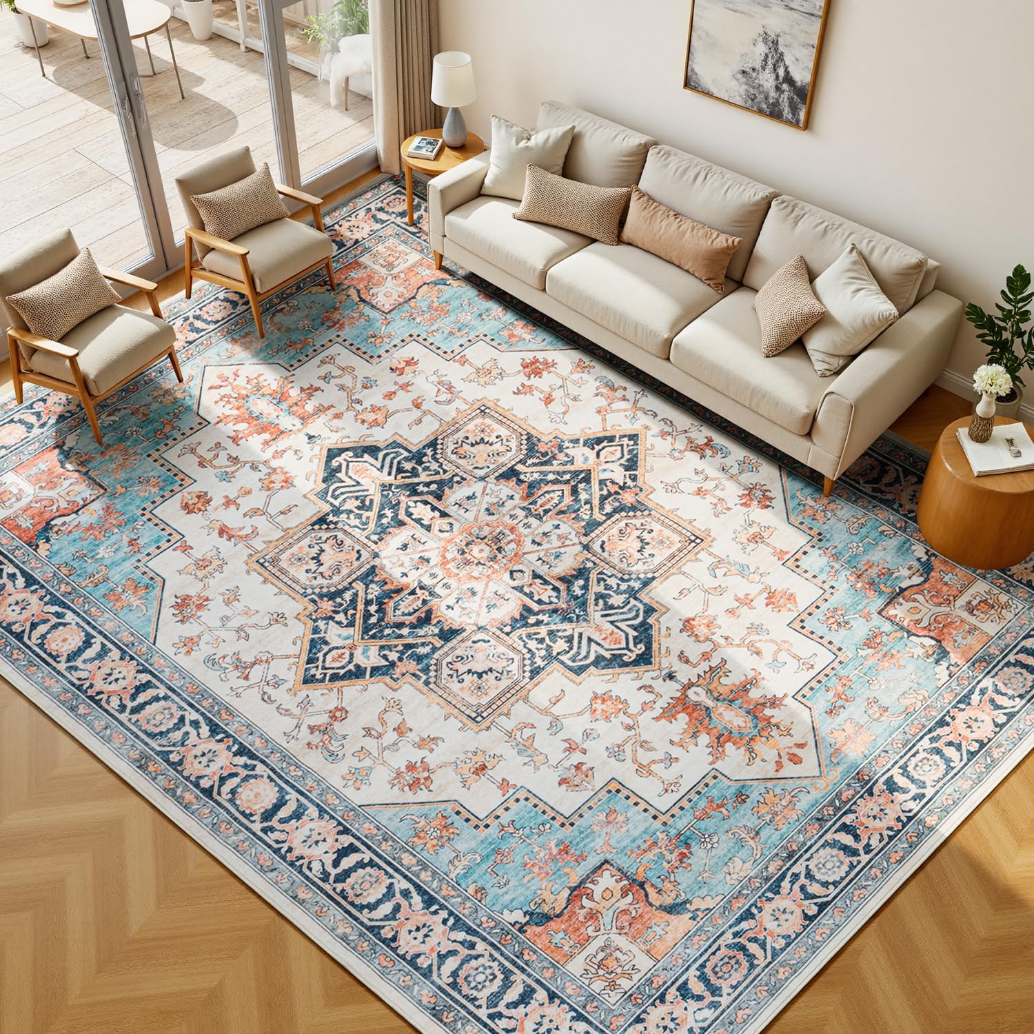 912 Washable Area Rugs for Living Room, Soft Non-Slip Carpet