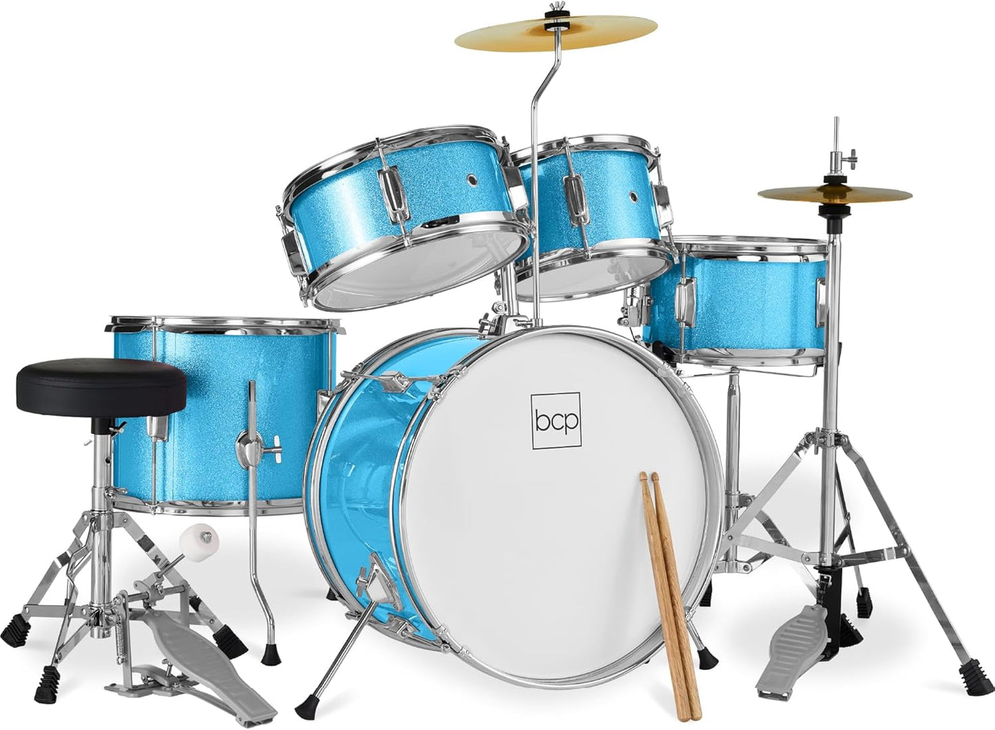Kids 5-Piece Beginner Drum Set for Young Musicians - Blue Sparkle