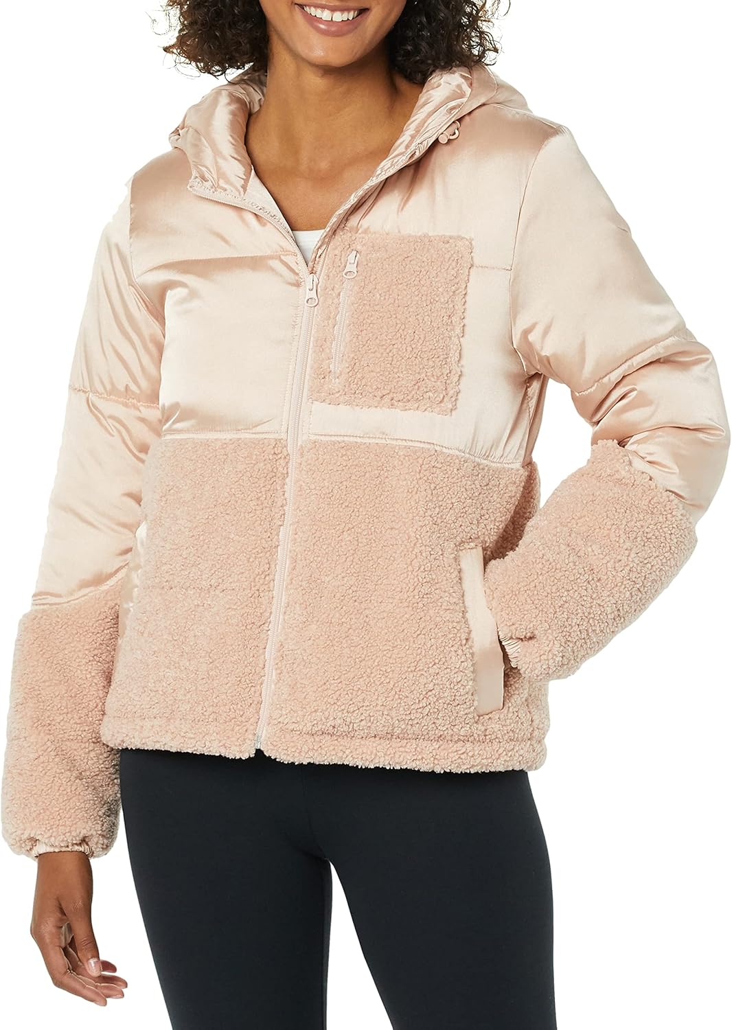 Full-Zip Sherpa Fleece Hooded Puffer Jacket for Women