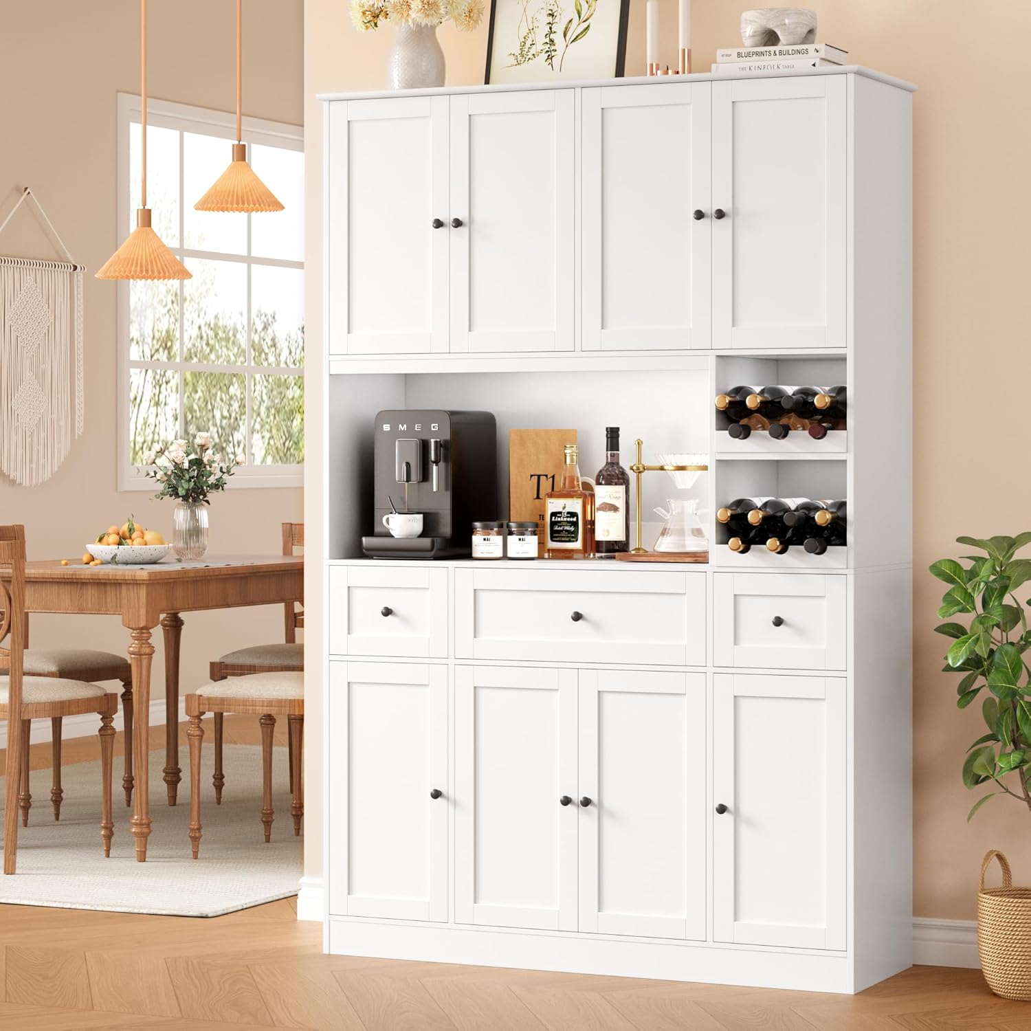 Modern Kitchen Pantry Cabinet with Wine Rack - White