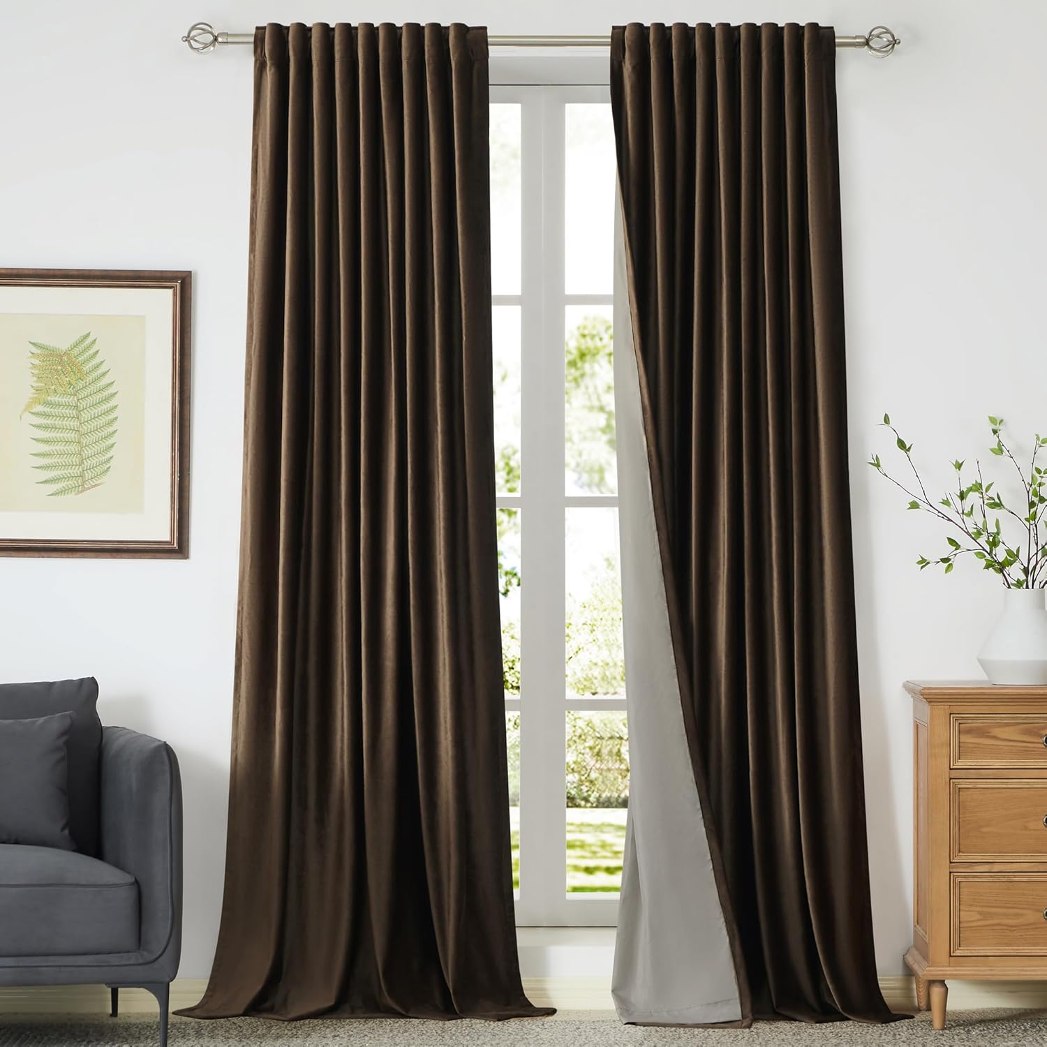 100% Blackout Brown Velvet Curtains for Living Room 96 in Long