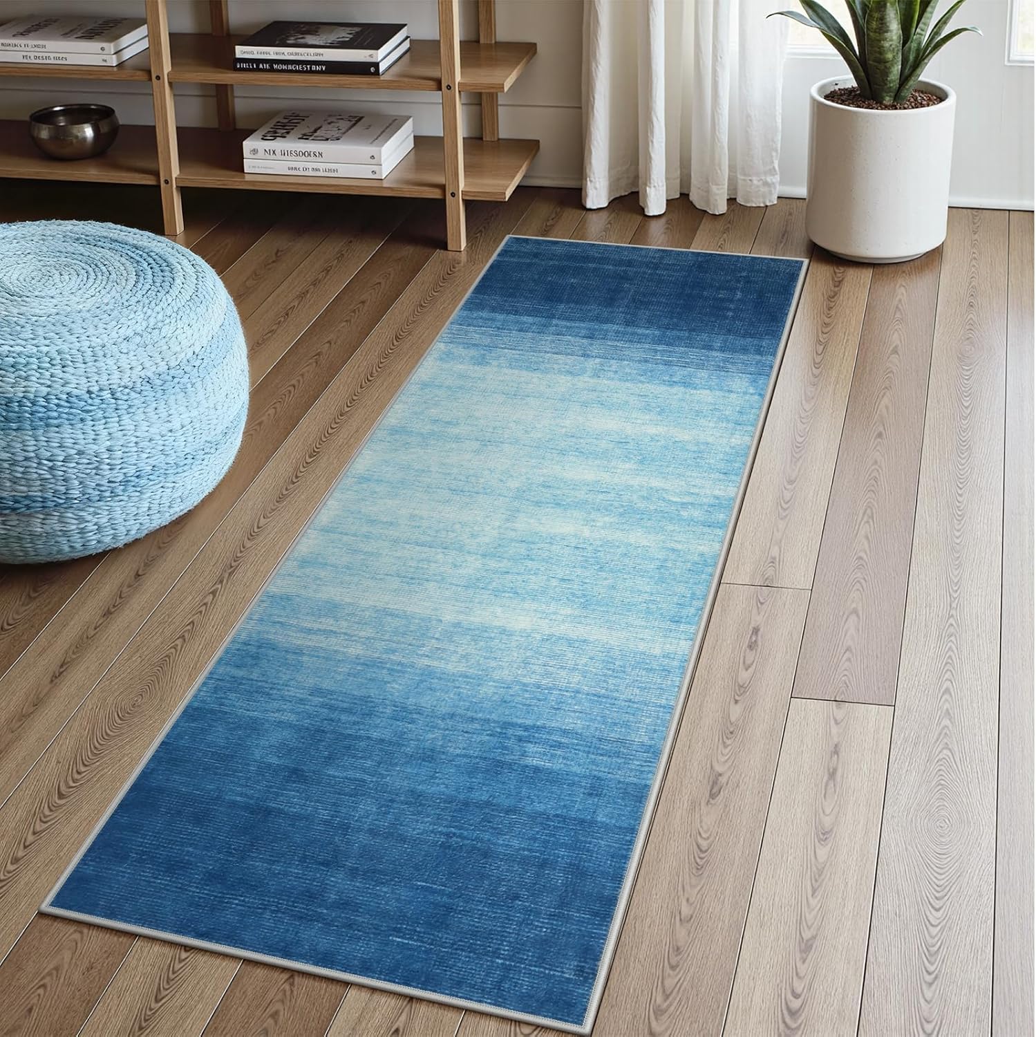 Wonnitar Ombre Blue Washable 2x6 Runner Rug for Modern Spaces