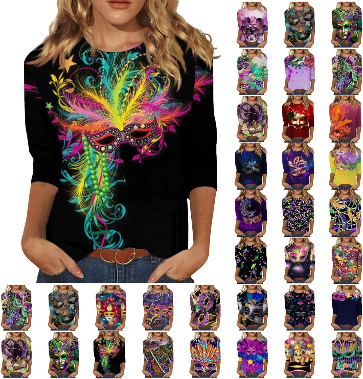 Mardi Gras 3/4 Sleeve Top - Festive Carnival Style!