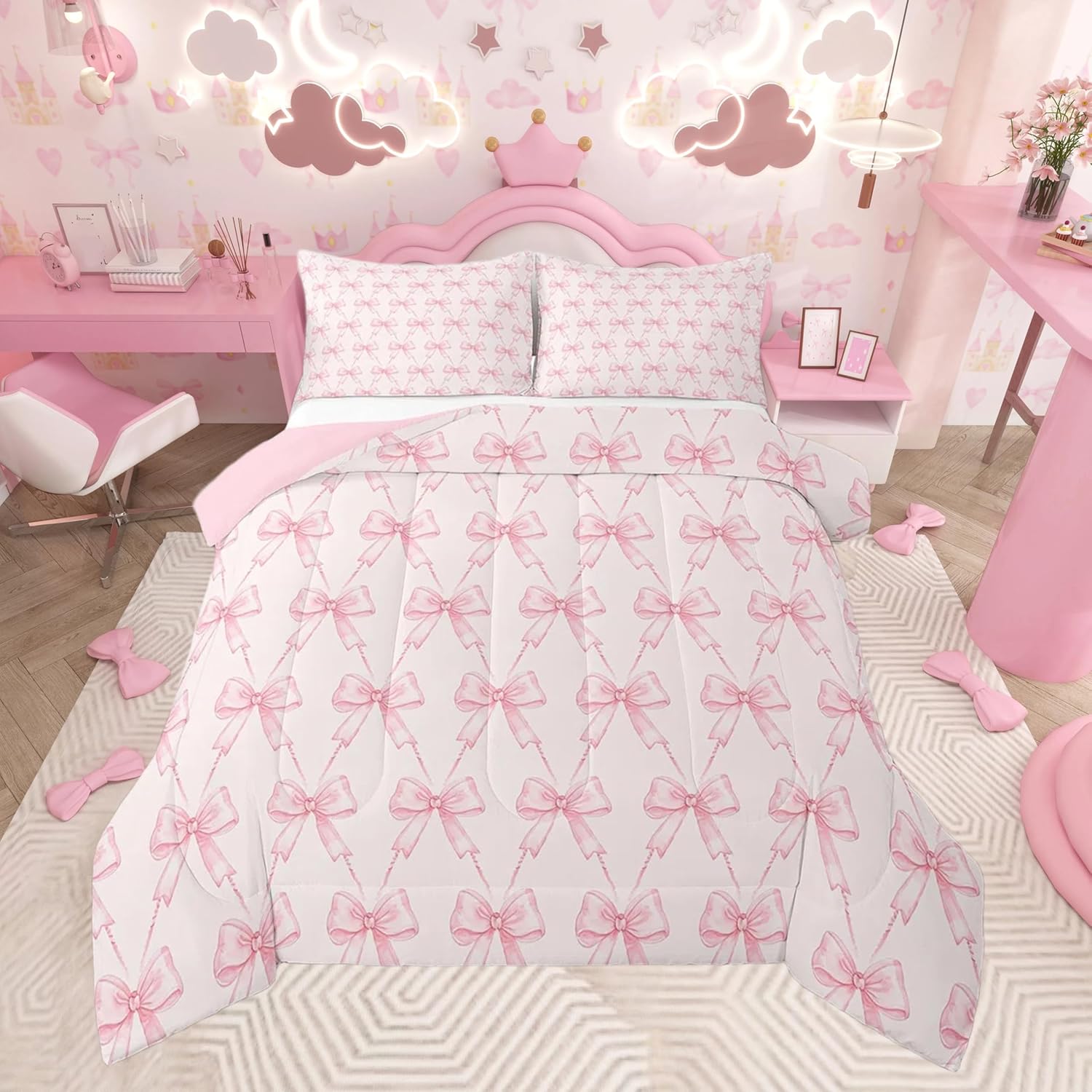 Feelyou Bow Comforter Set Full Size Cute Bowknot Bedding
