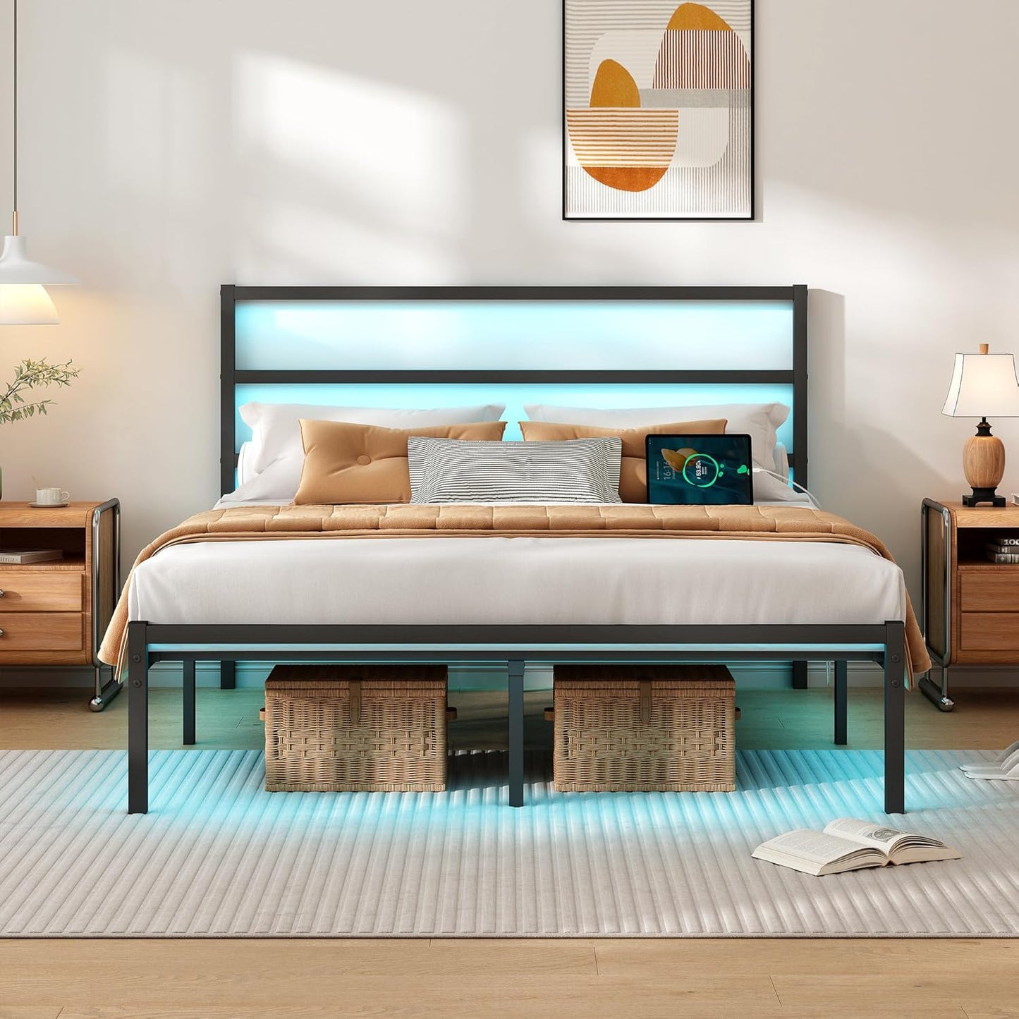 Full Size Bed Frame with Headboard and USB Charging Station